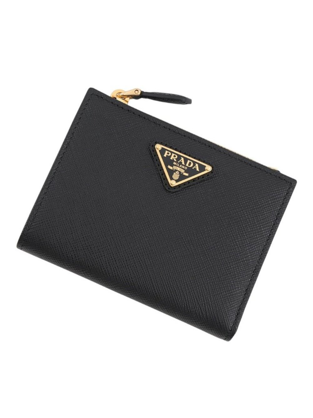 Prada Bifold Wallet Triangle Logo Compact Lip Print Leather Black